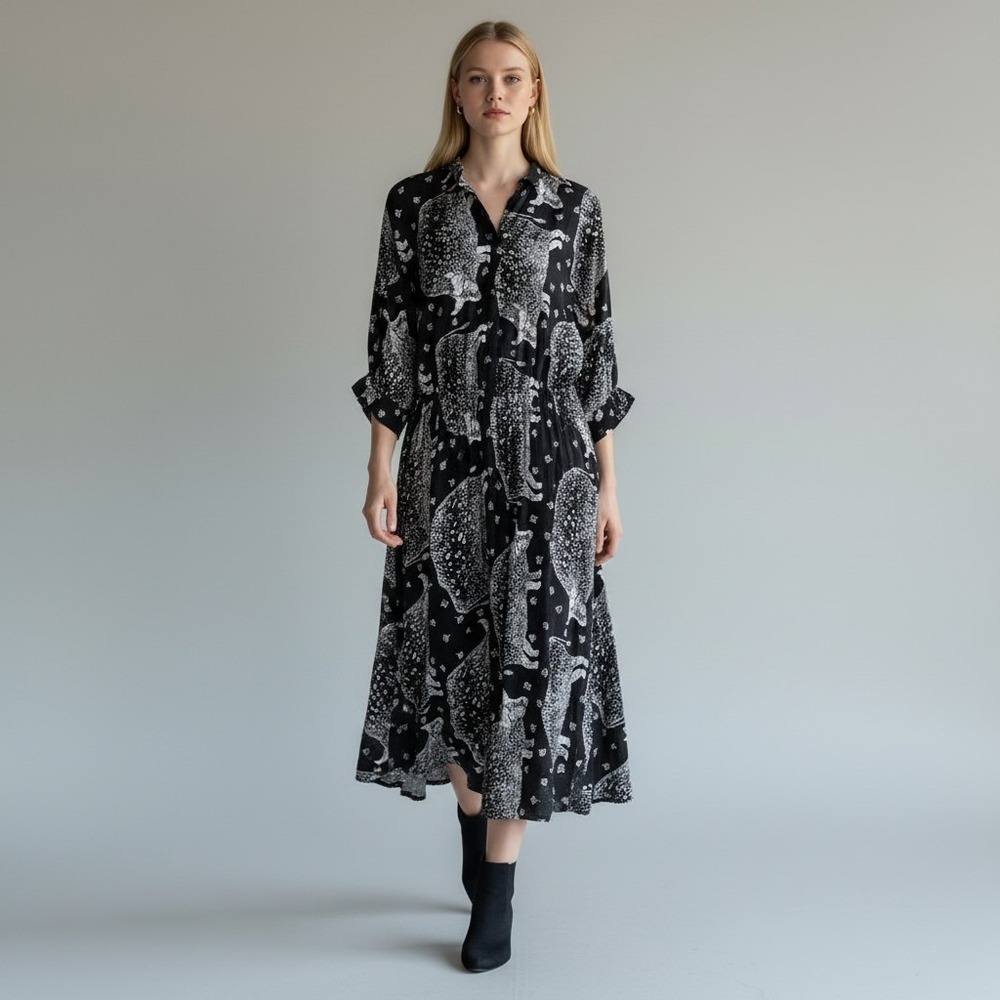 Vintage PJ Walsh New York Animal Print Maxi Shirt Dress ILGWU Black White Small